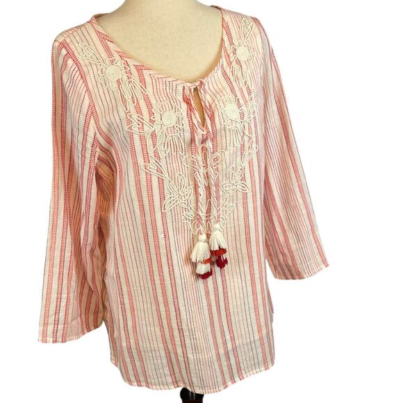 Soft Surroundings Salma Stripes Tunic Top Blouse Embroidered Tassels Medium - Picture 3 of 7